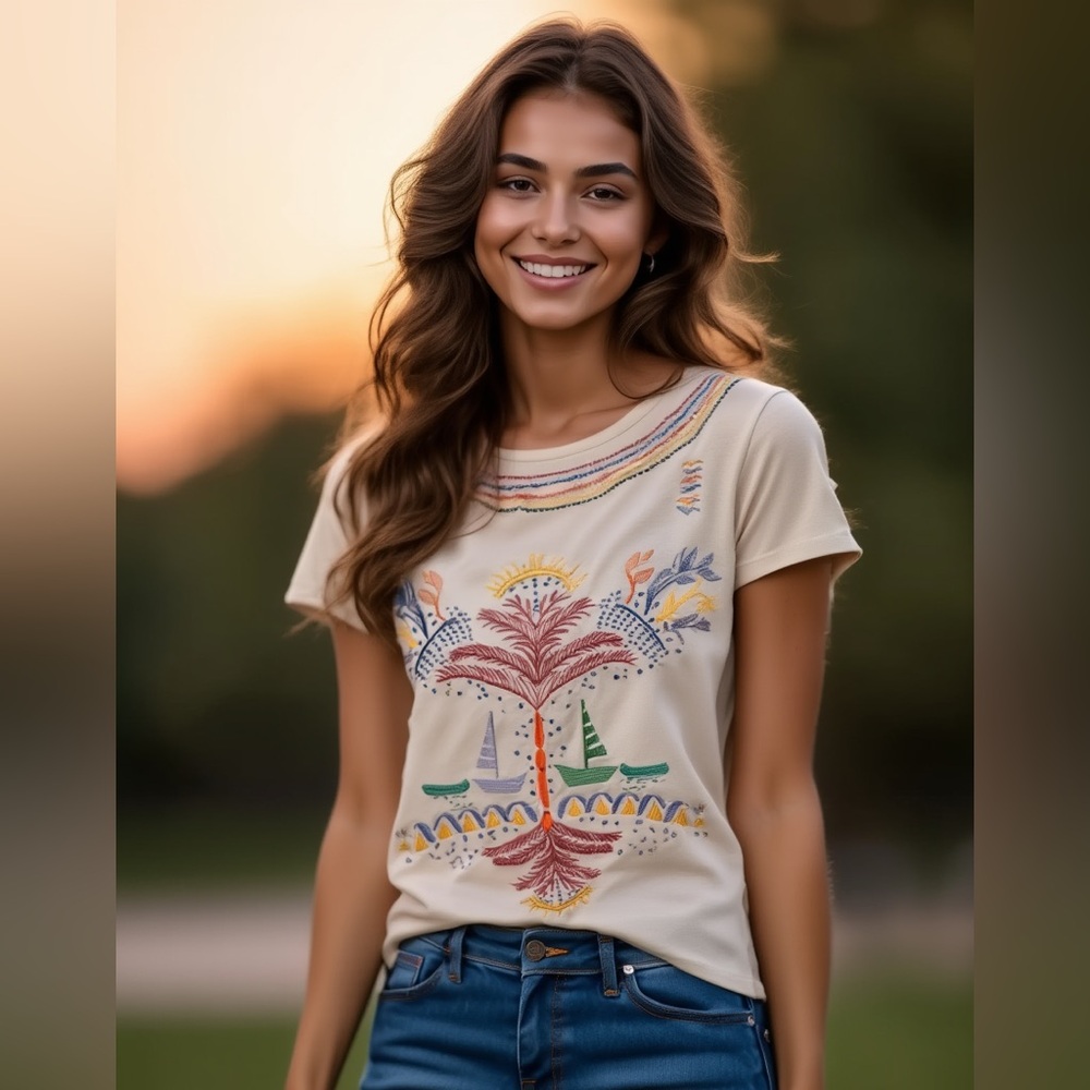Lança Perfume | Embroidered Cream Short Sleeve Top